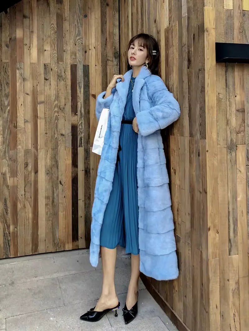 2025 Real Whole Mink Fur X-Long Coat Factory Direct Sale Winter Slim Warm Female Mink Fur Long Turn-Down Collar Jacket