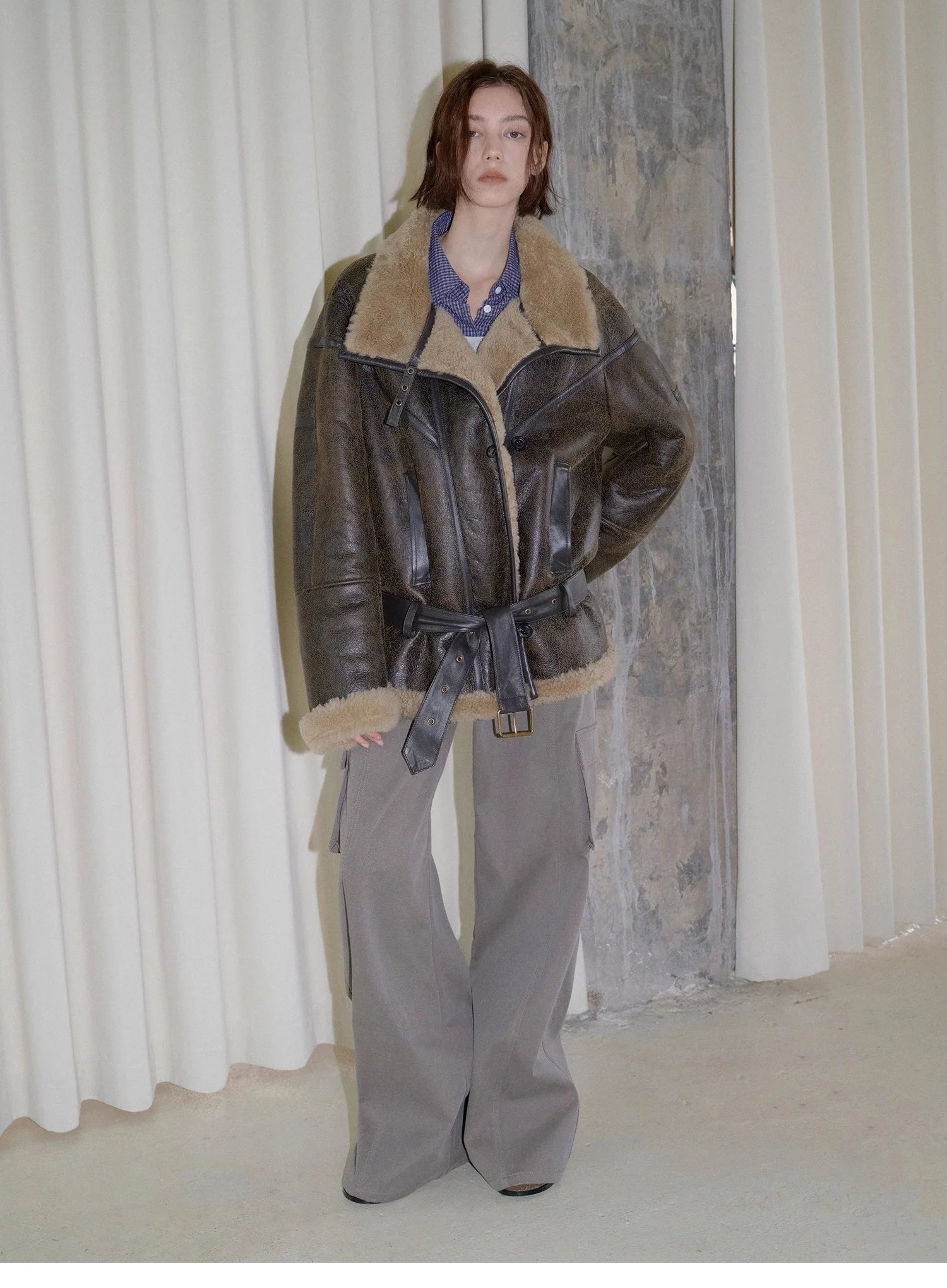 "London Street"Motorcycle Style Lapel Imported Merino Fur One-Piece Fur Jacket Winter