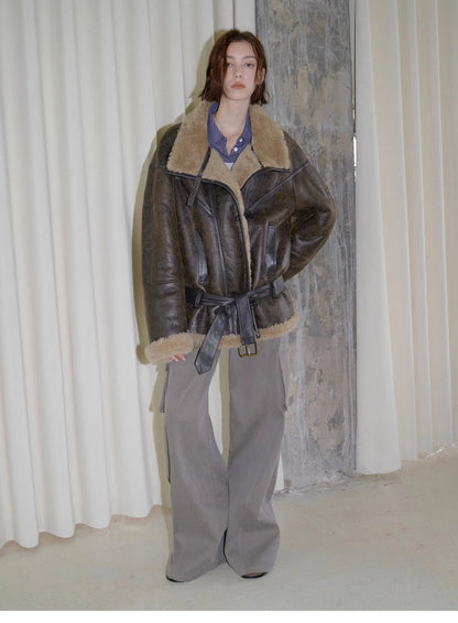 "London Street"Motorcycle Style Lapel Imported Merino Fur One-Piece Fur Jacket Winter