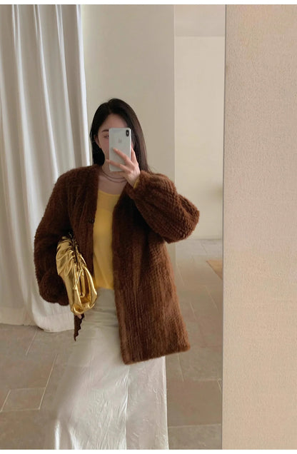 "Moon Serenade" High-Luxury Imported Velvet Mink Woven Fur Coat Mid-Length Mink Coat (Handmade)