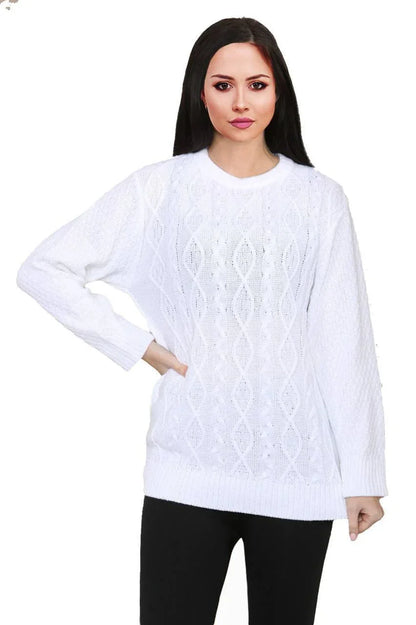 Women Long Sleeve Chunky Cable Knitted Crew Neck Winter Sweater Jumper Top