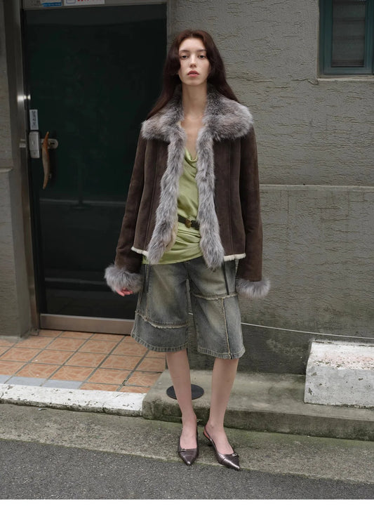 "Florence" Imported Merino Wool Sheepskin Patchwork Fox Fur Collar Fur Coat Winter