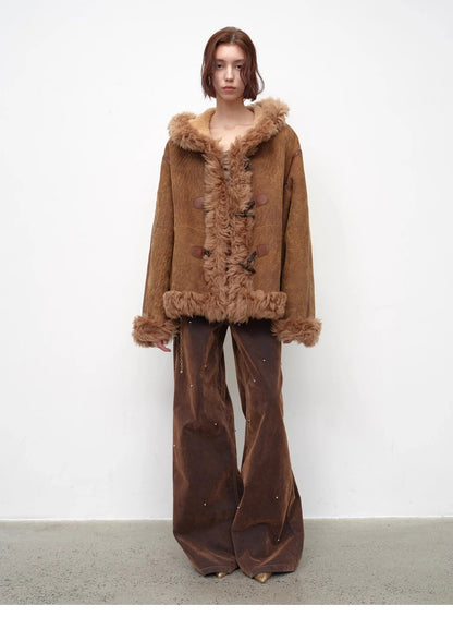 "Modern Weekend" Drop Shoulder Hooded Merino Wool Sheepskin Fur Coat Winter