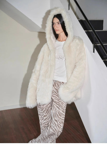 "Winter Snow" Lazy Silhouette Hooded Tuscan Curly Sheepskin Fur Coat Winter