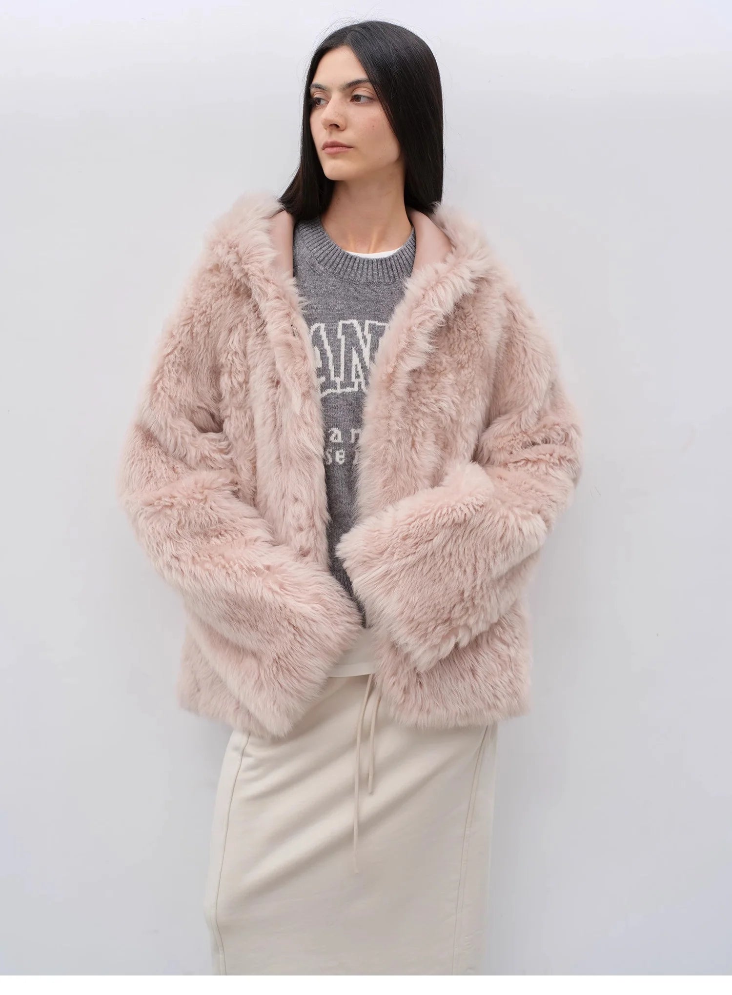 "Winter Snow" Lazy Silhouette Hooded Tuscan Curly Sheepskin Fur Coat Winter