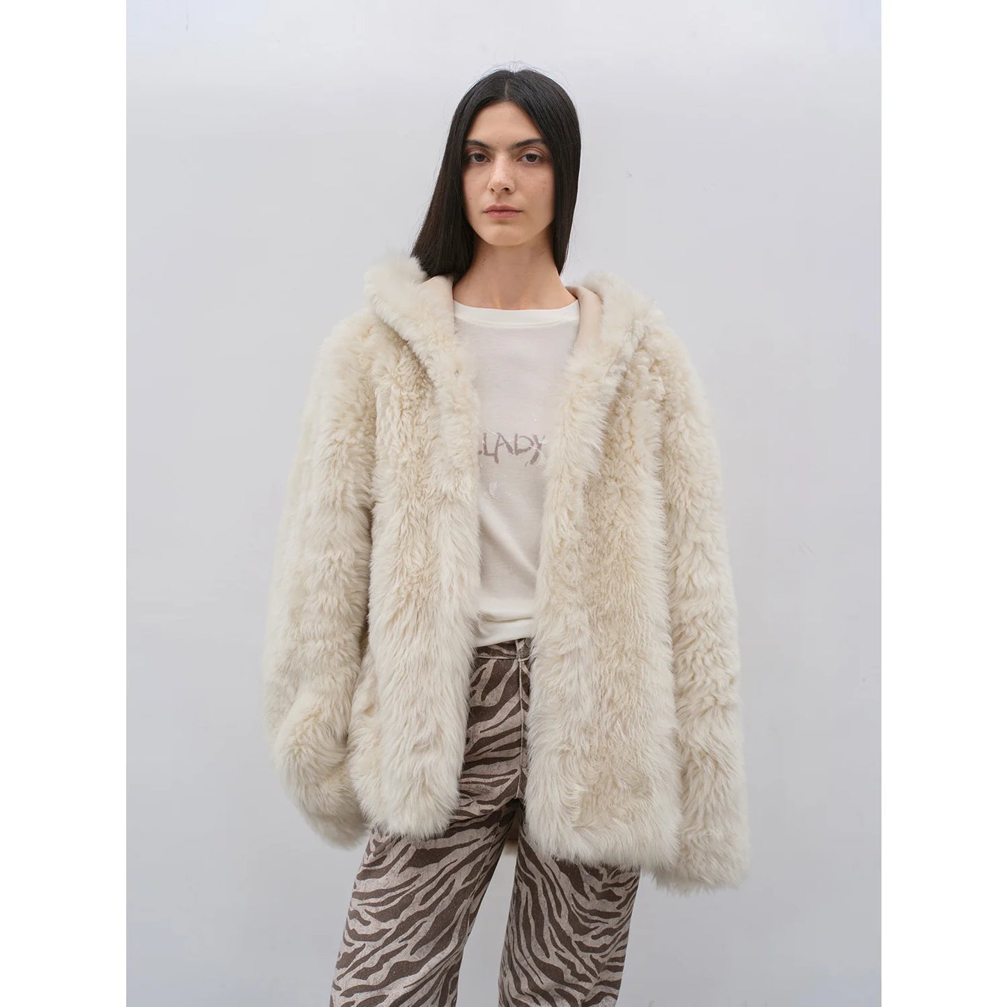 "Winter Snow" Lazy Silhouette Hooded Tuscan Curly Sheepskin Fur Coat Winter