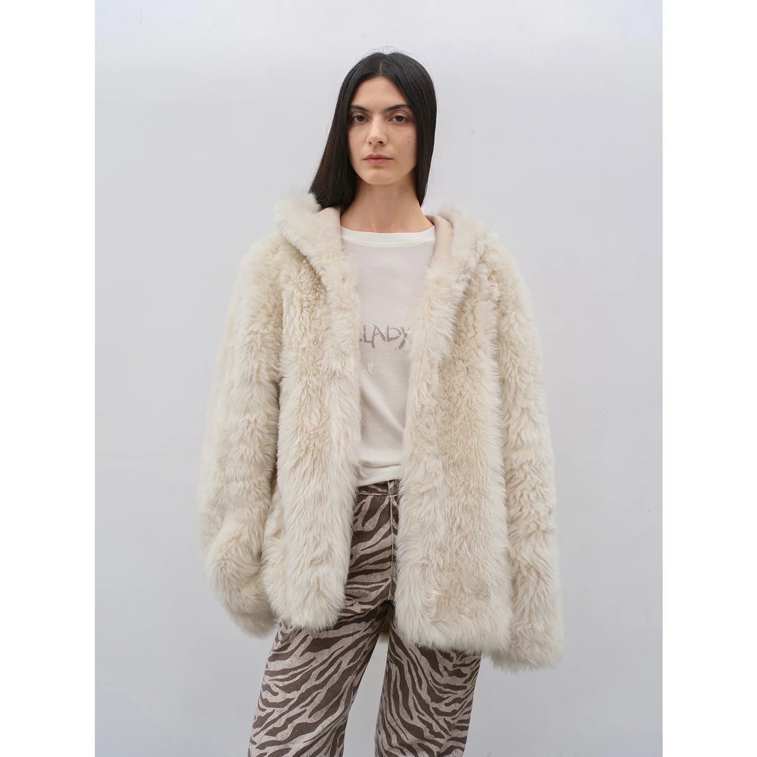 "Winter Snow" Lazy Silhouette Hooded Tuscan Curly Sheepskin Fur Coat Winter
