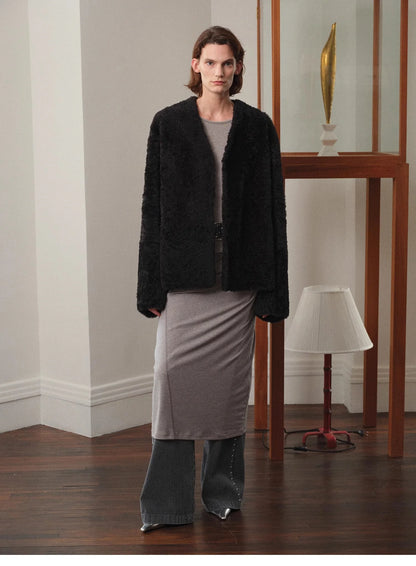 "Paris Night" Luxury Lightweight V-Neck Mid-Length Imported Ragone Sheepskin Fur Coat