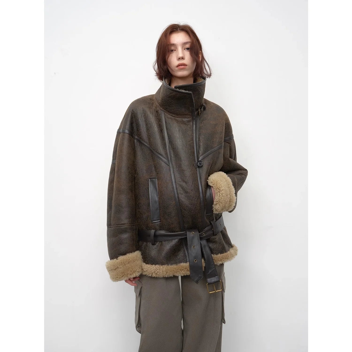 "London Street"Motorcycle Style Lapel Imported Merino Fur One-Piece Fur Jacket Winter