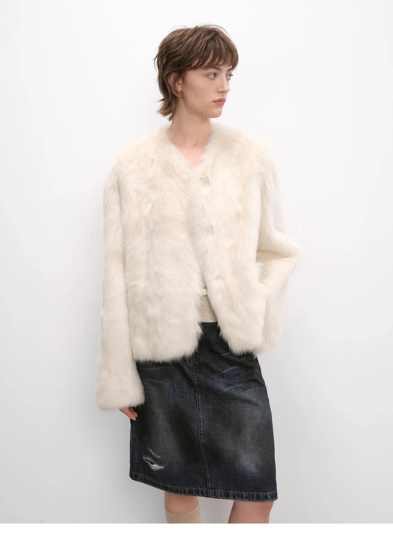 "Darcy Manor" Imported Tuscan Straight Wool Sheepskin Sweetheart Collar Short Fur Coat