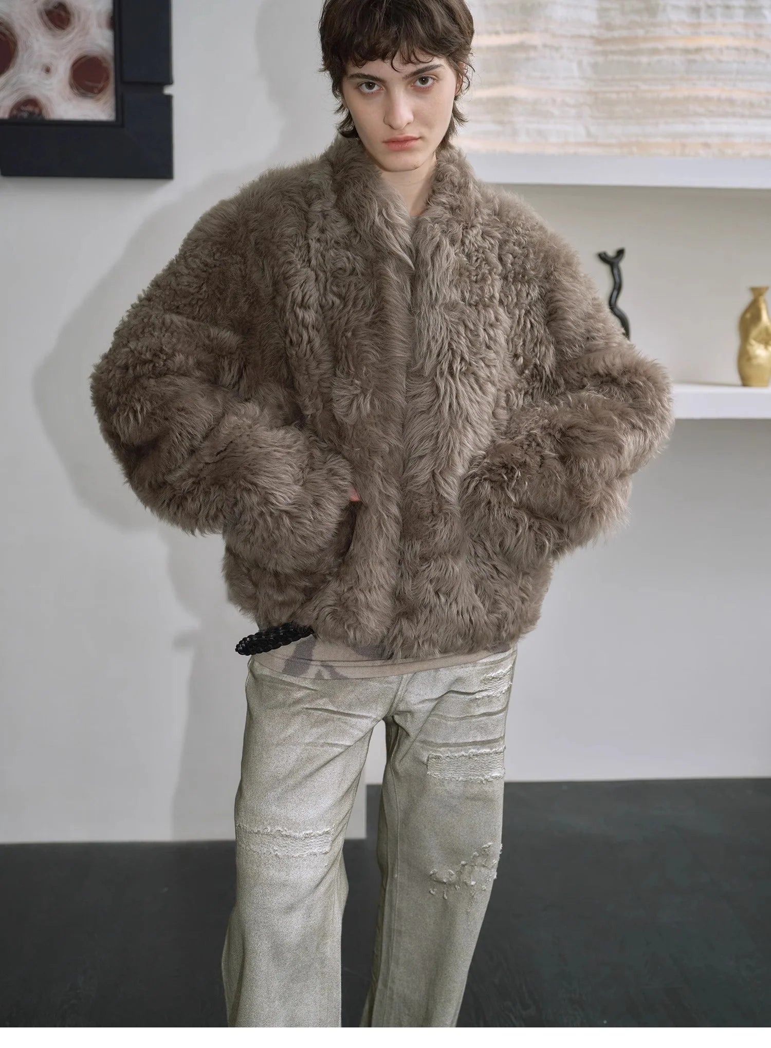 "Autumn Basel" Imported Tuscan Sheepskin Half-Roll Short Casual Fur Coat