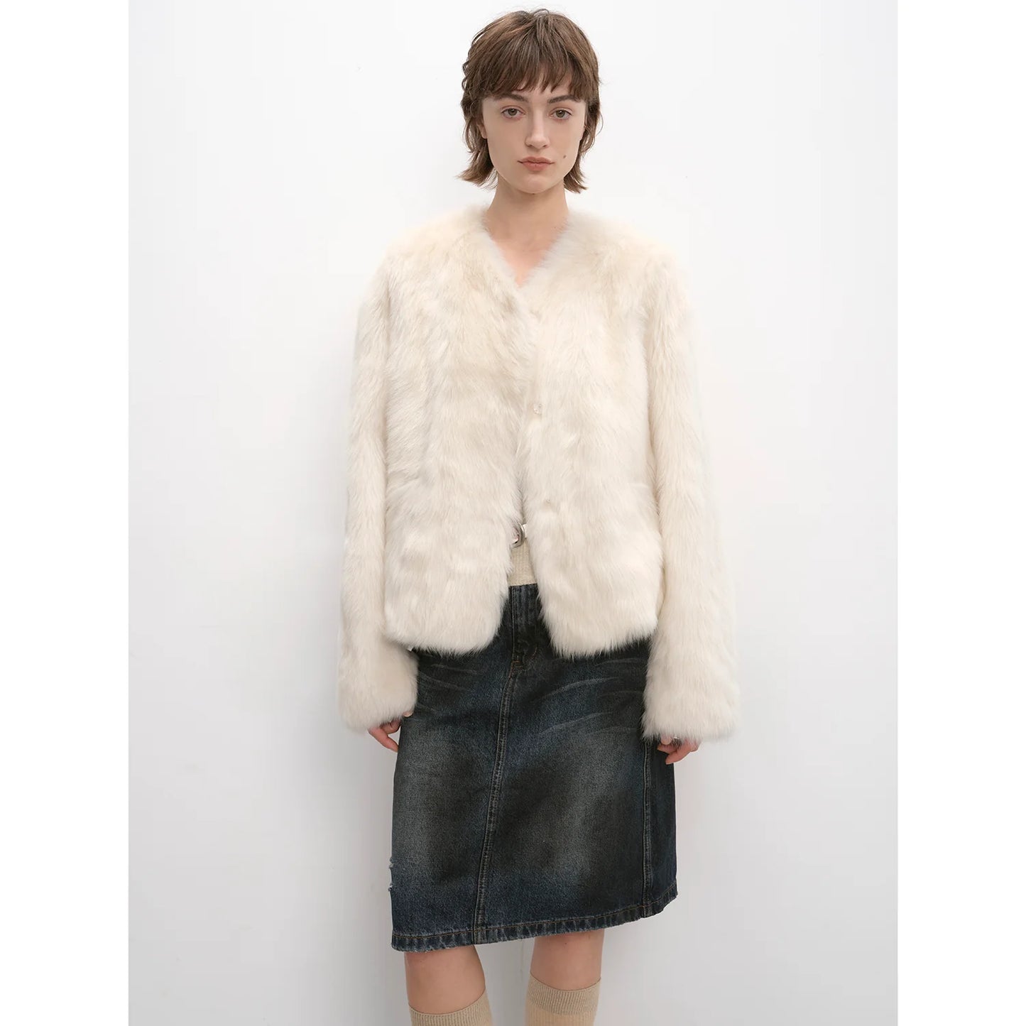 "Darcy Manor" Imported Tuscan Straight Wool Sheepskin Sweetheart Collar Short Fur Coat