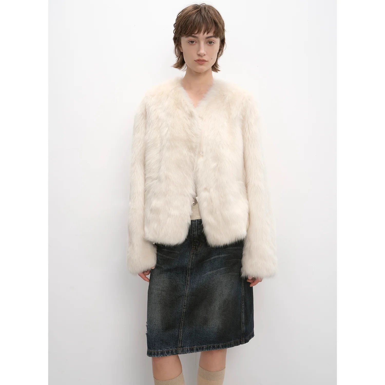 "Darcy Manor" Imported Tuscan Straight Wool Sheepskin Sweetheart Collar Short Fur Coat