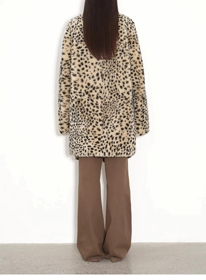 "Leopard Print Sniper" Imported Merino Sheepskin Fashionable Off-Shoulder Slim Mid-Length Fur Coat