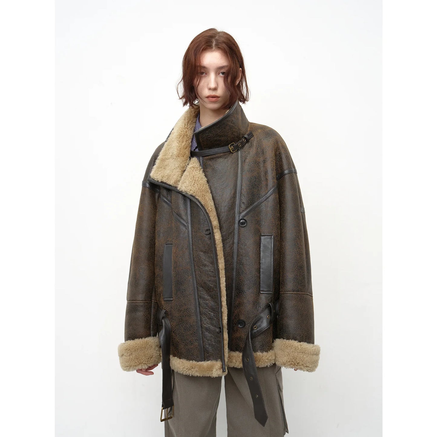 "London Street"Motorcycle Style Lapel Imported Merino Fur One-Piece Fur Jacket Winter
