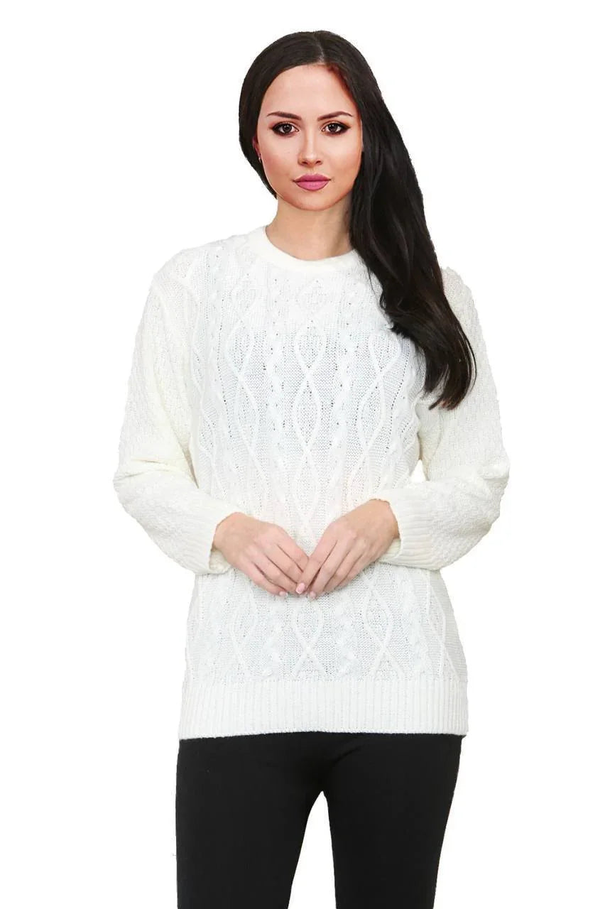 Women Long Sleeve Chunky Cable Knitted Crew Neck Winter Sweater Jumper Top