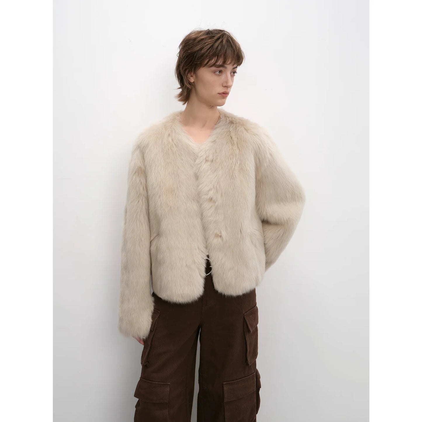 "Darcy Manor" Imported Tuscan Straight Wool Sheepskin Sweetheart Collar Short Fur Coat