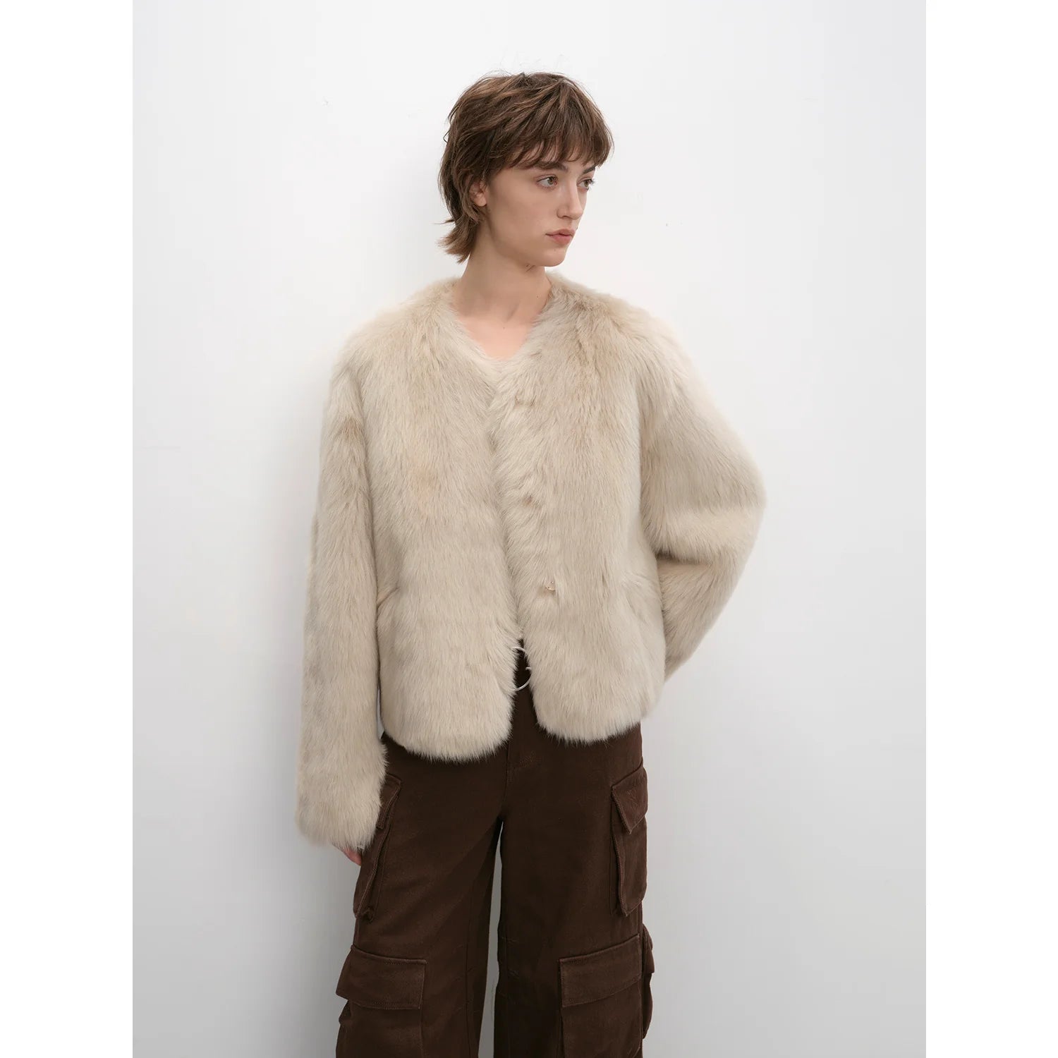 "Darcy Manor" Imported Tuscan Straight Wool Sheepskin Sweetheart Collar Short Fur Coat