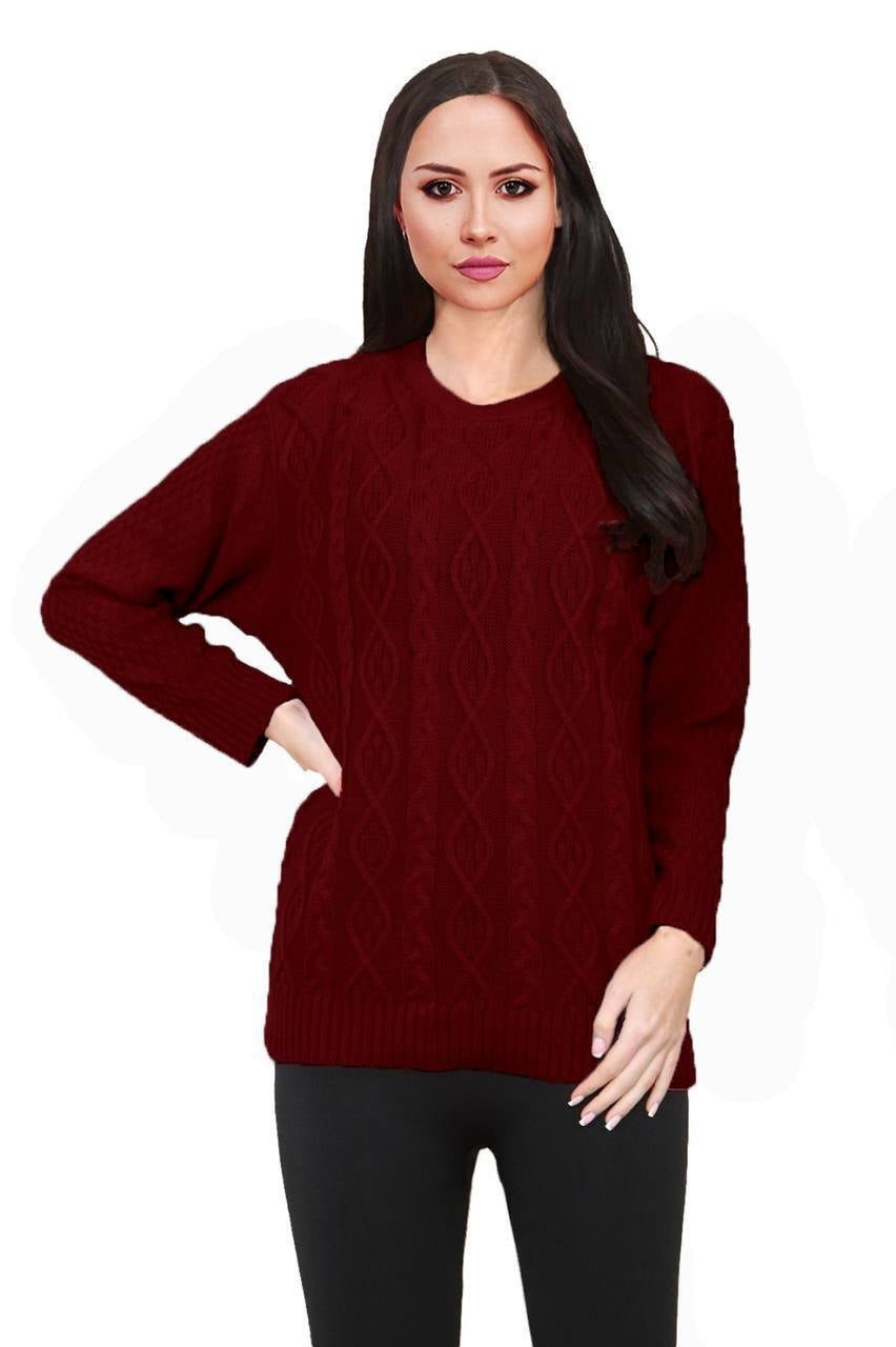 Women Long Sleeve Chunky Cable Knitted Crew Neck Winter Sweater Jumper Top
