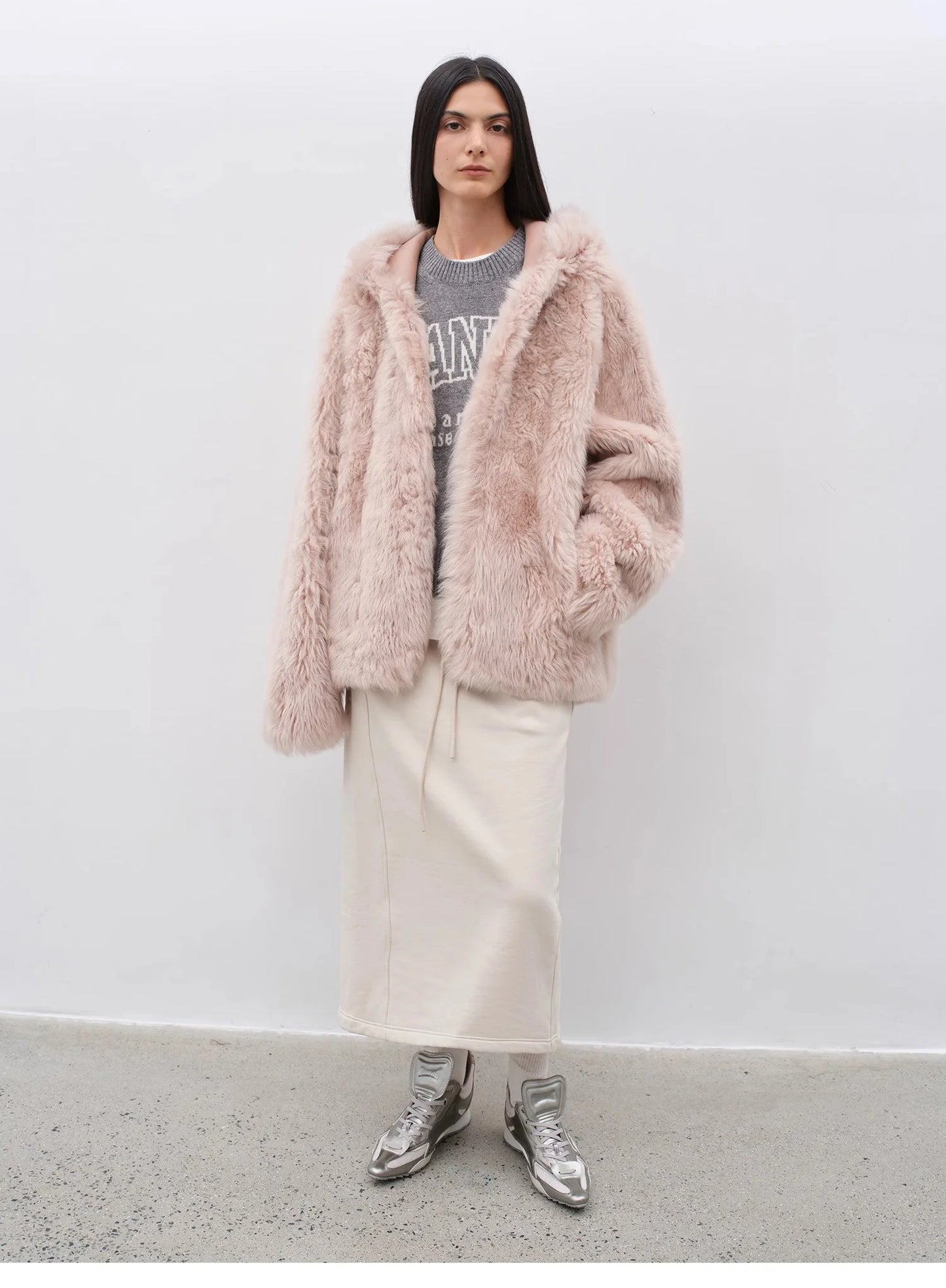 "Winter Snow" Lazy Silhouette Hooded Tuscan Curly Sheepskin Fur Coat Winter