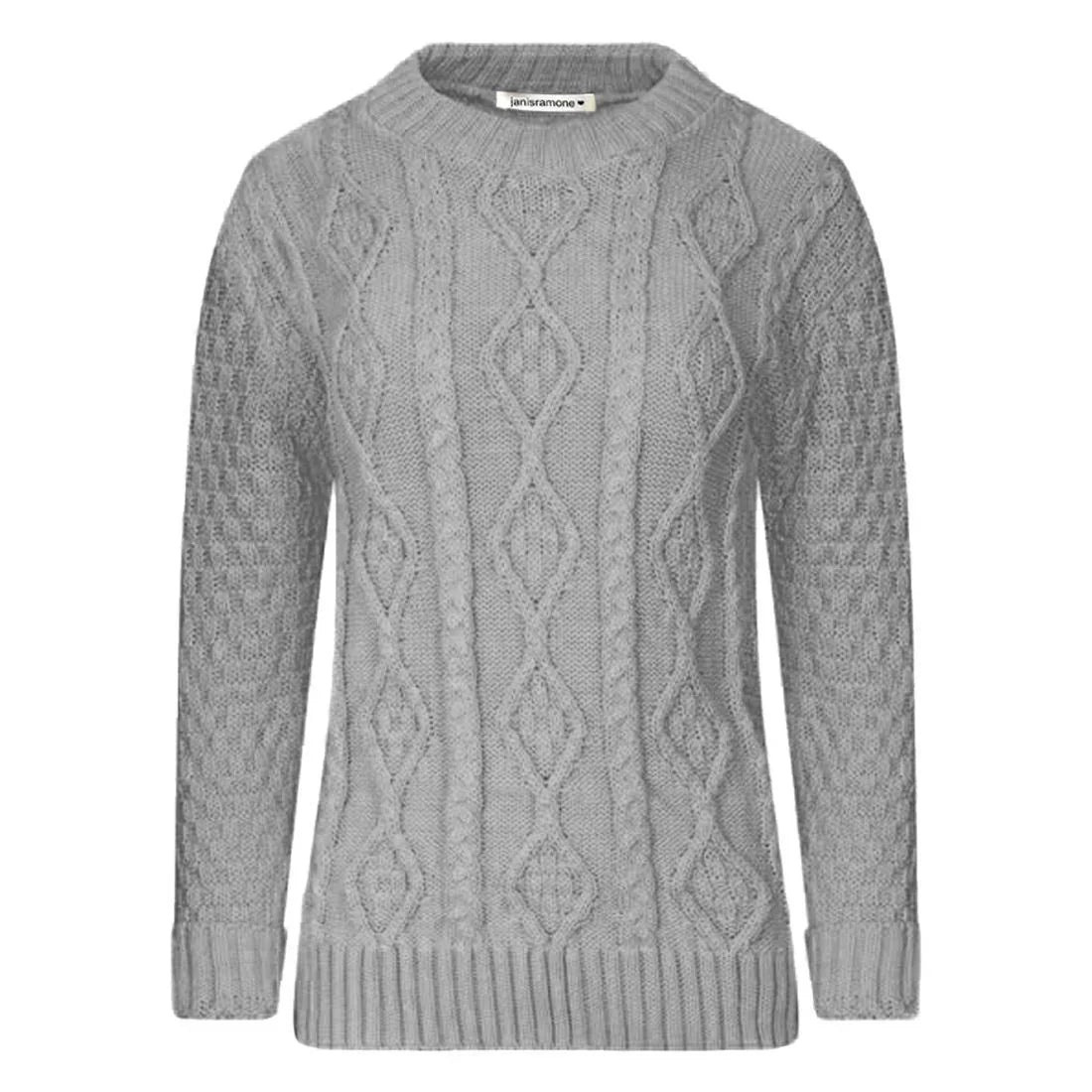 Women Long Sleeve Chunky Cable Knitted Crew Neck Winter Sweater Jumper Top