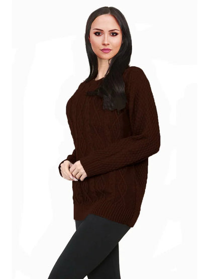 Women Long Sleeve Chunky Cable Knitted Crew Neck Winter Sweater Jumper Top