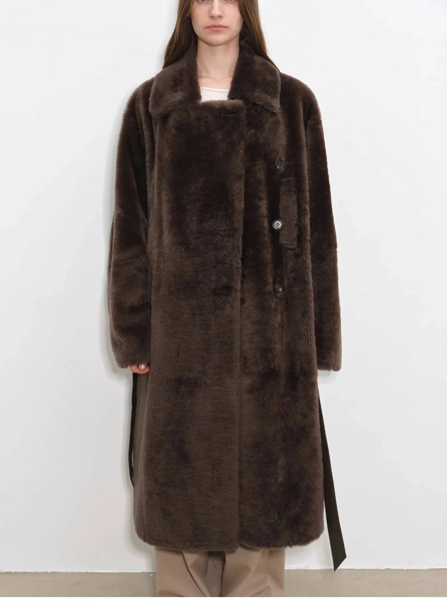 "Mocha Phantom" Merino Wool Dropped Shoulder Long Asymmetric Placket Sheepskin Coat
