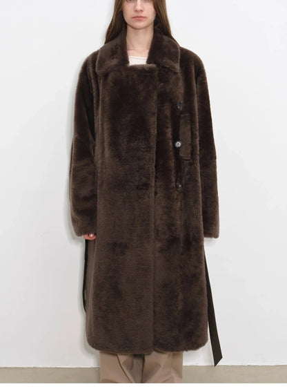 "Mocha Phantom" Merino Wool Dropped Shoulder Long Asymmetric Placket Sheepskin Coat