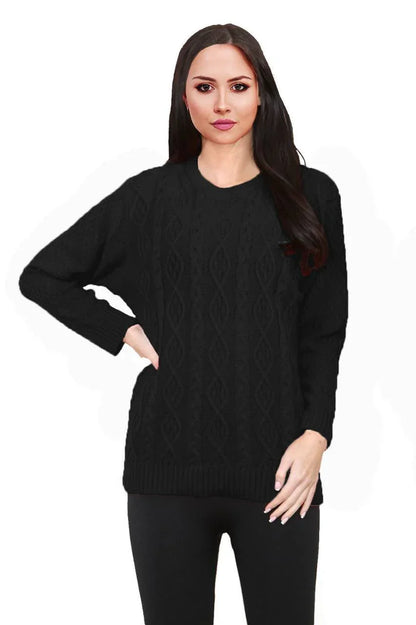 Women Long Sleeve Chunky Cable Knitted Crew Neck Winter Sweater Jumper Top