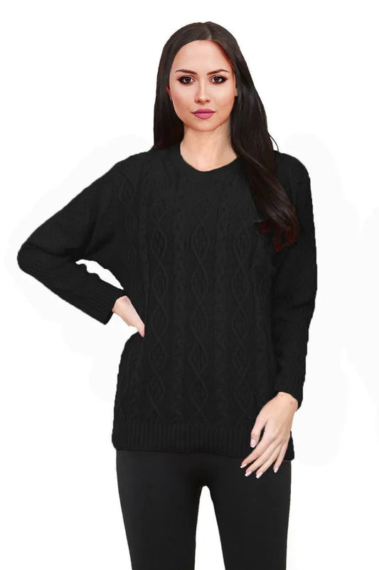 Women Long Sleeve Chunky Cable Knitted Crew Neck Winter Sweater Jumper Top