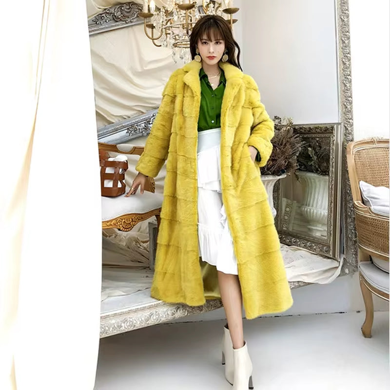 2025 Real Whole Mink Fur X-Long Coat Factory Direct Sale Winter Slim Warm Female Mink Fur Long Turn-Down Collar Jacket