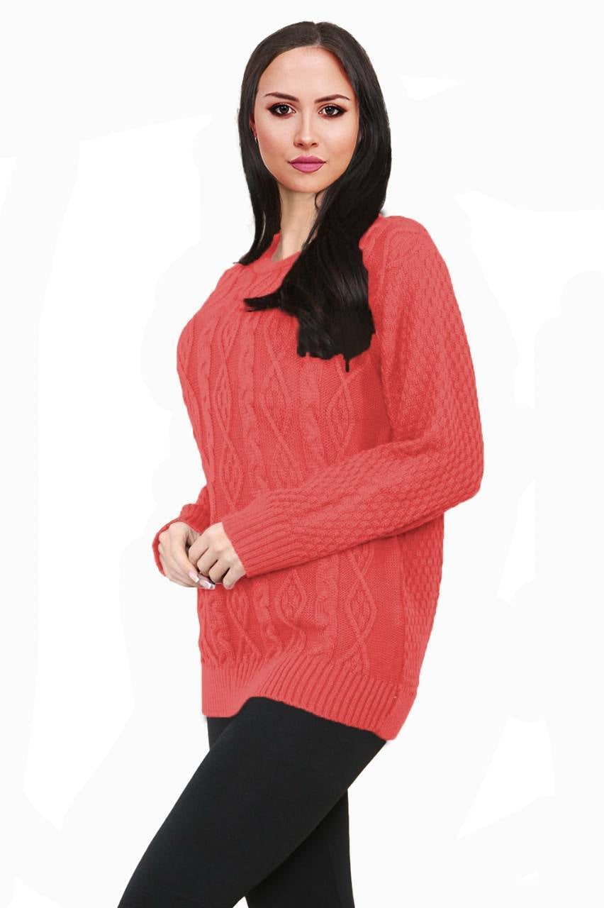 Women Long Sleeve Chunky Cable Knitted Crew Neck Winter Sweater Jumper Top