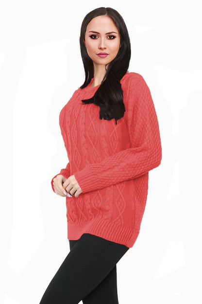 Women Long Sleeve Chunky Cable Knitted Crew Neck Winter Sweater Jumper Top
