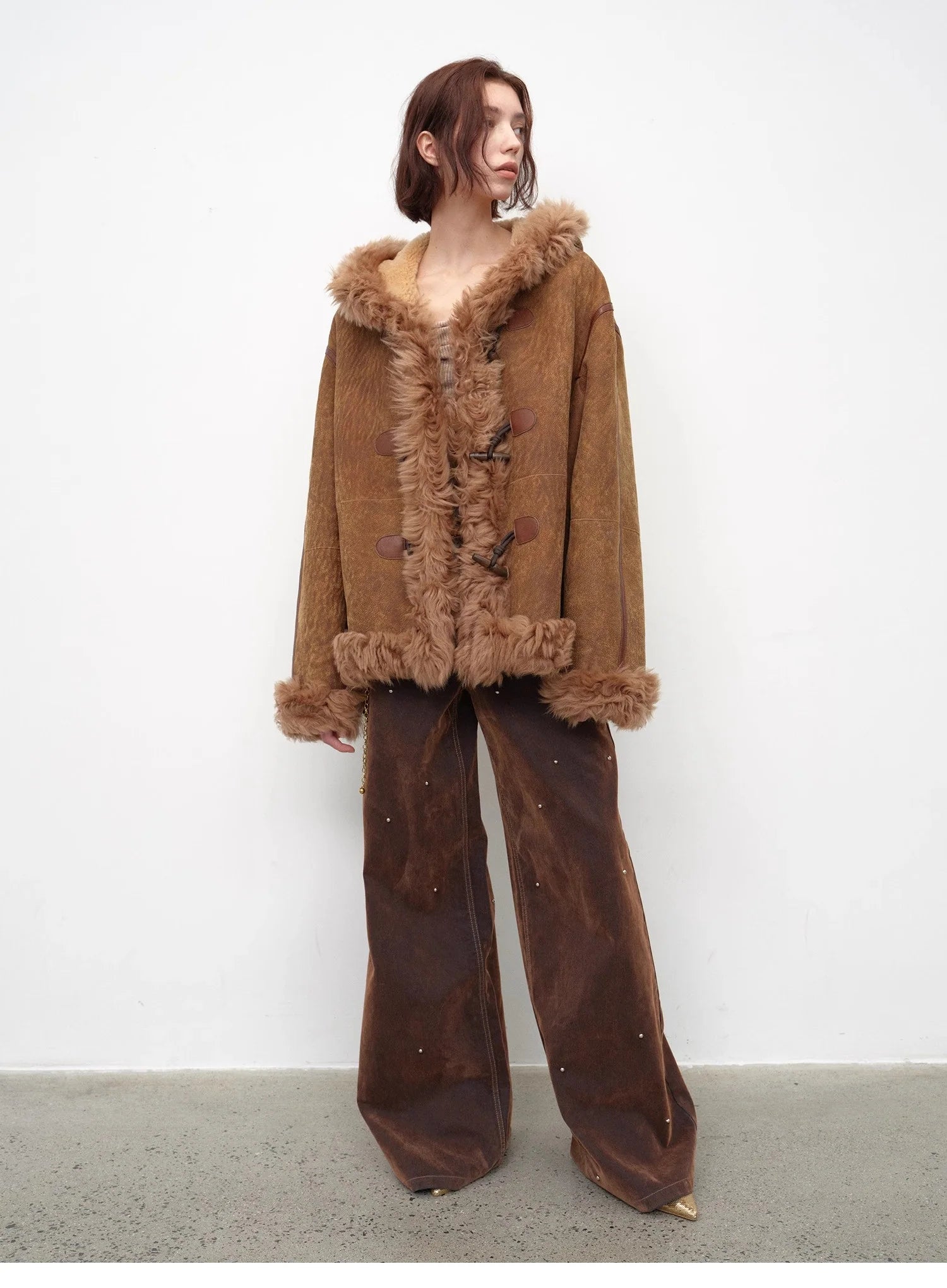 "Modern Weekend" Drop Shoulder Hooded Merino Wool Sheepskin Fur Coat Winter