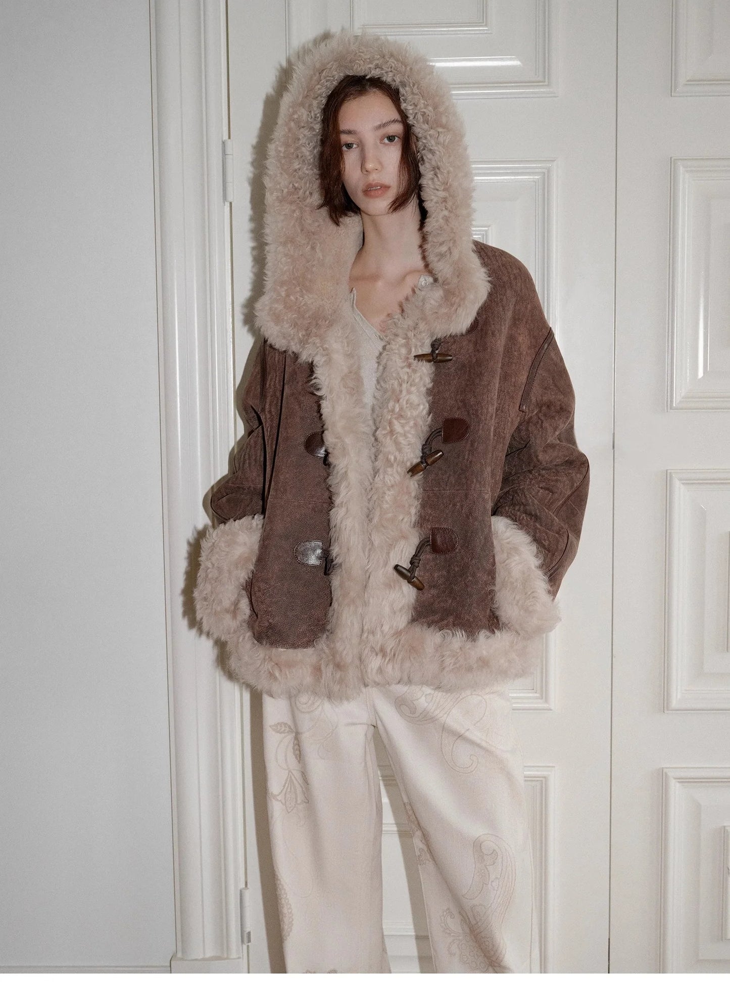 "Modern Weekend" Drop Shoulder Hooded Merino Wool Sheepskin Fur Coat Winter