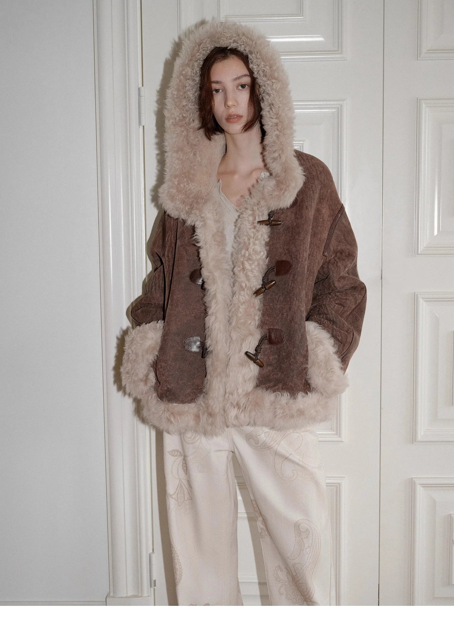 "Modern Weekend" Drop Shoulder Hooded Merino Wool Sheepskin Fur Coat Winter
