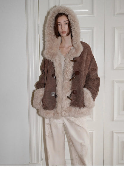 "Modern Weekend" Drop Shoulder Hooded Merino Wool Sheepskin Fur Coat Winter