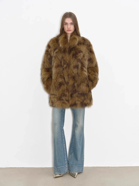 Paris Moonlight Night Funky Print Swoosh Fluffy Stand Collar Drop Shoulder Fox Fur Coat