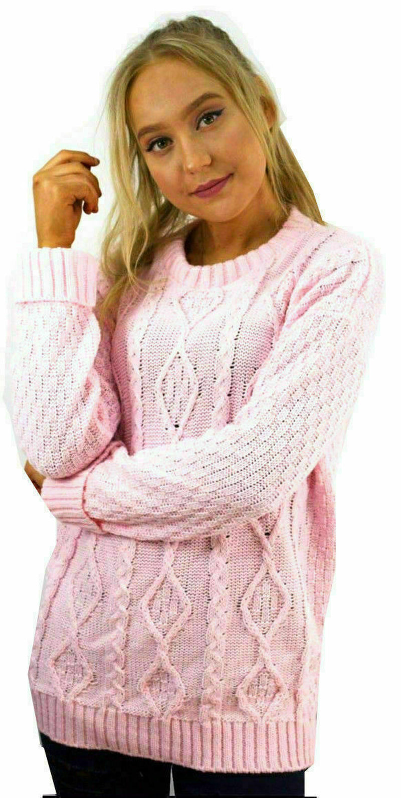 Women Long Sleeve Chunky Cable Knitted Crew Neck Winter Sweater Jumper Top