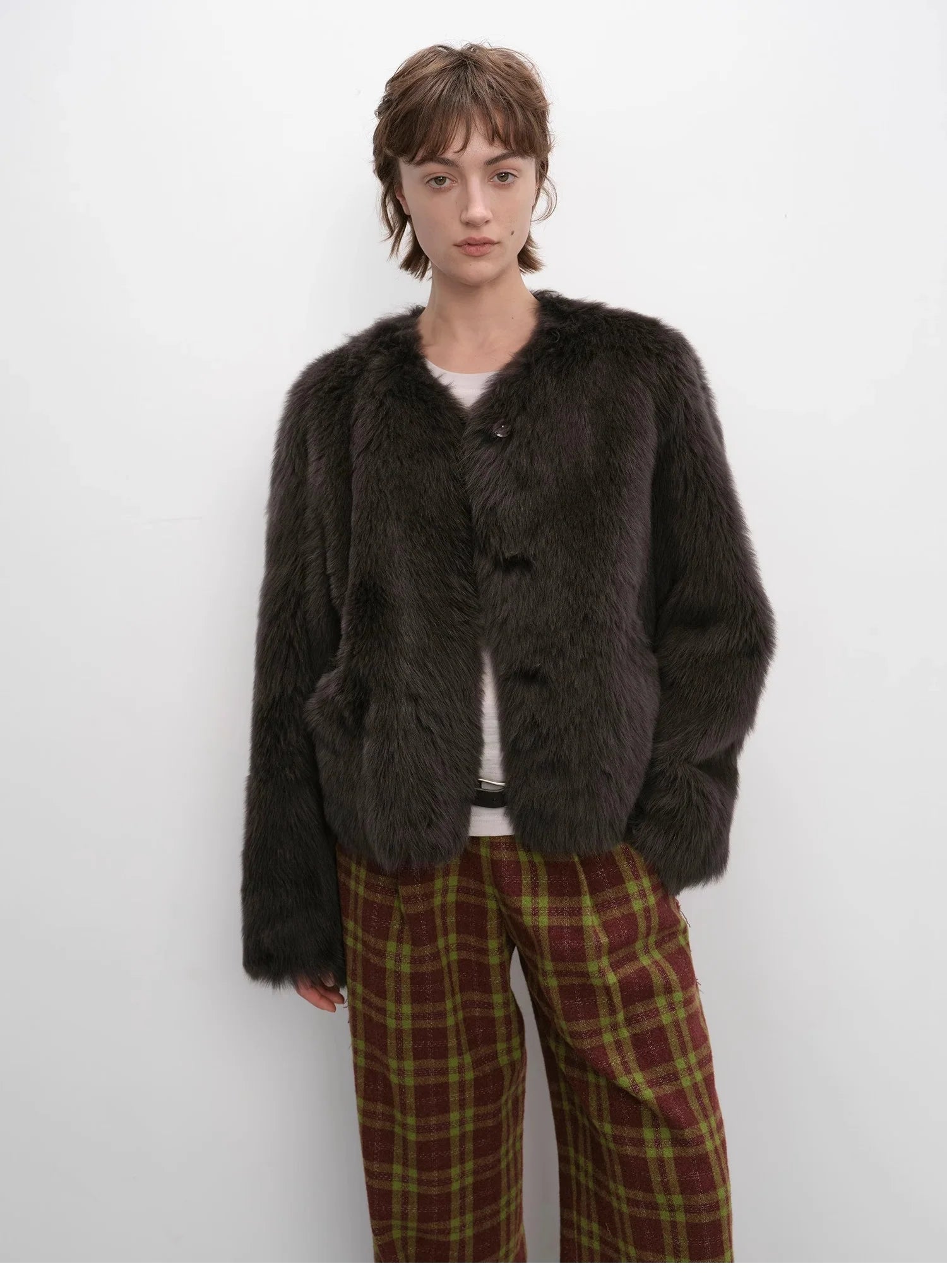 "Darcy Manor" Imported Tuscan Straight Wool Sheepskin Sweetheart Collar Short Fur Coat