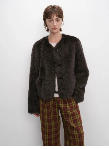 "Darcy Manor" Imported Tuscan Straight Wool Sheepskin Sweetheart Collar Short Fur Coat