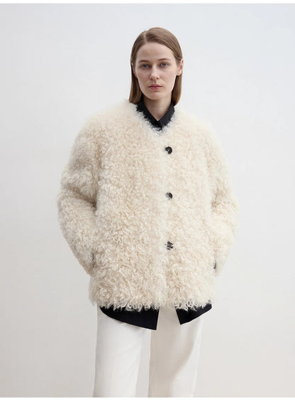 "Ghost Horse Girl" Merino Curly Sweetheart Collar Straight Fur Coat