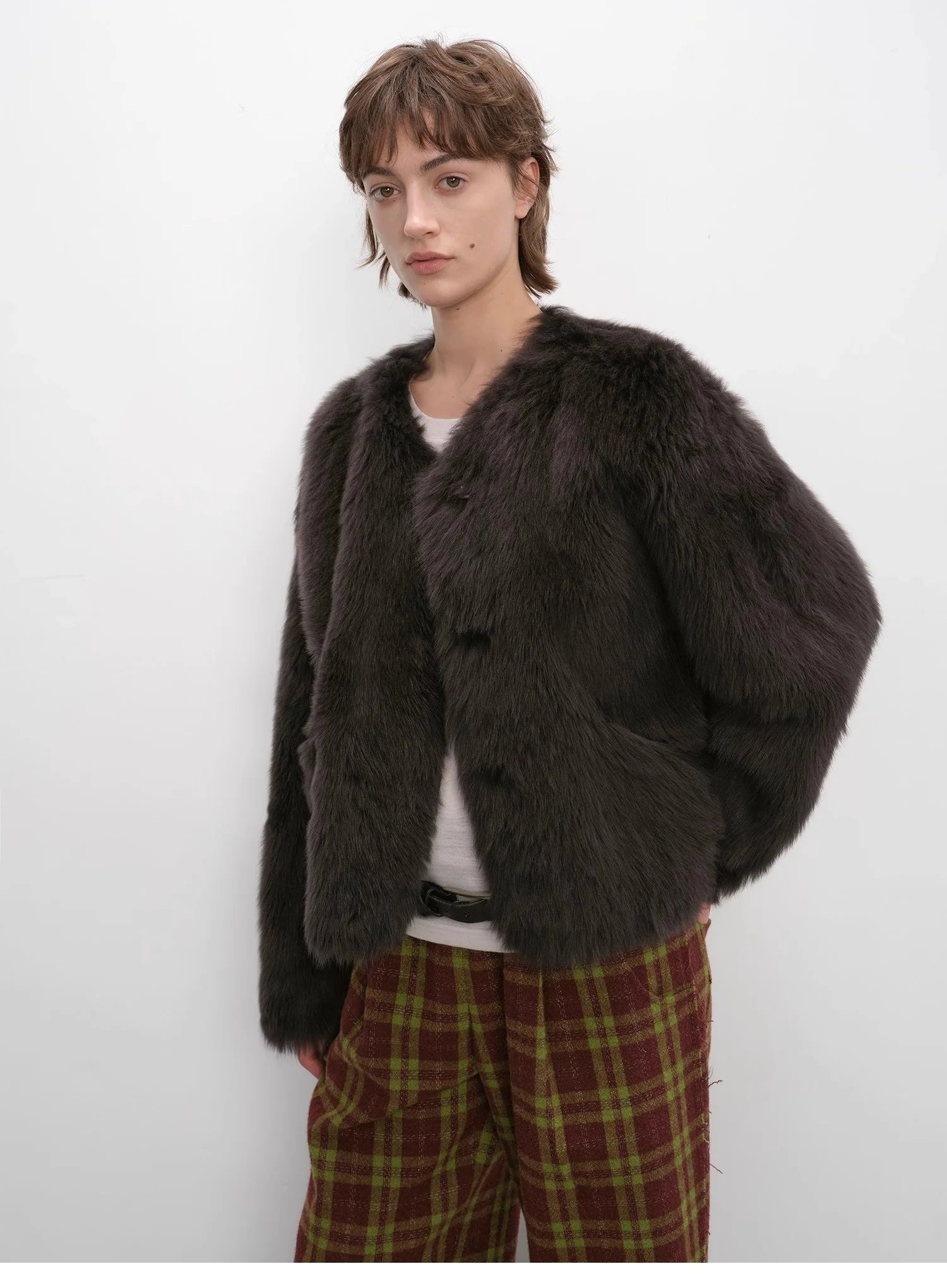 "Darcy Manor" Imported Tuscan Straight Wool Sheepskin Sweetheart Collar Short Fur Coat