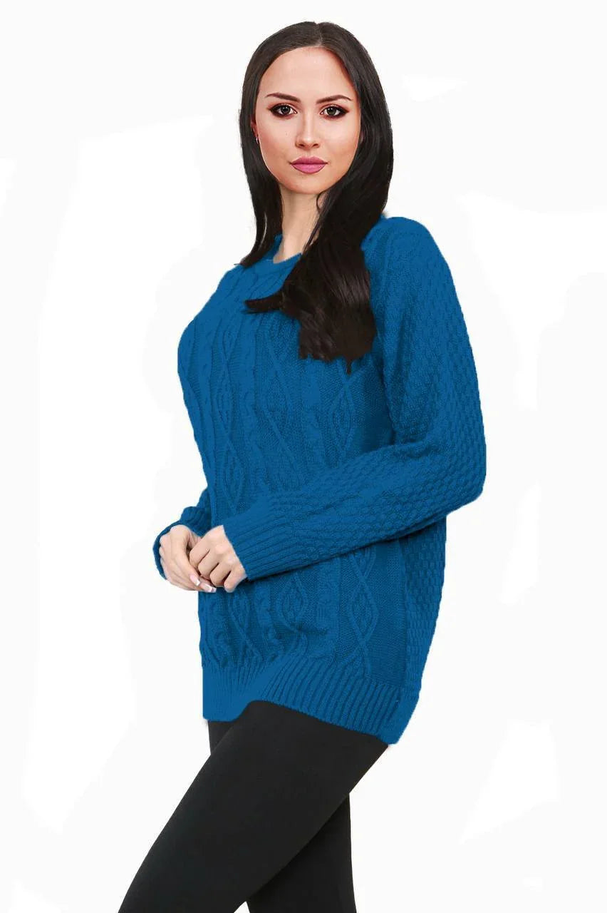 Women Long Sleeve Chunky Cable Knitted Crew Neck Winter Sweater Jumper Top