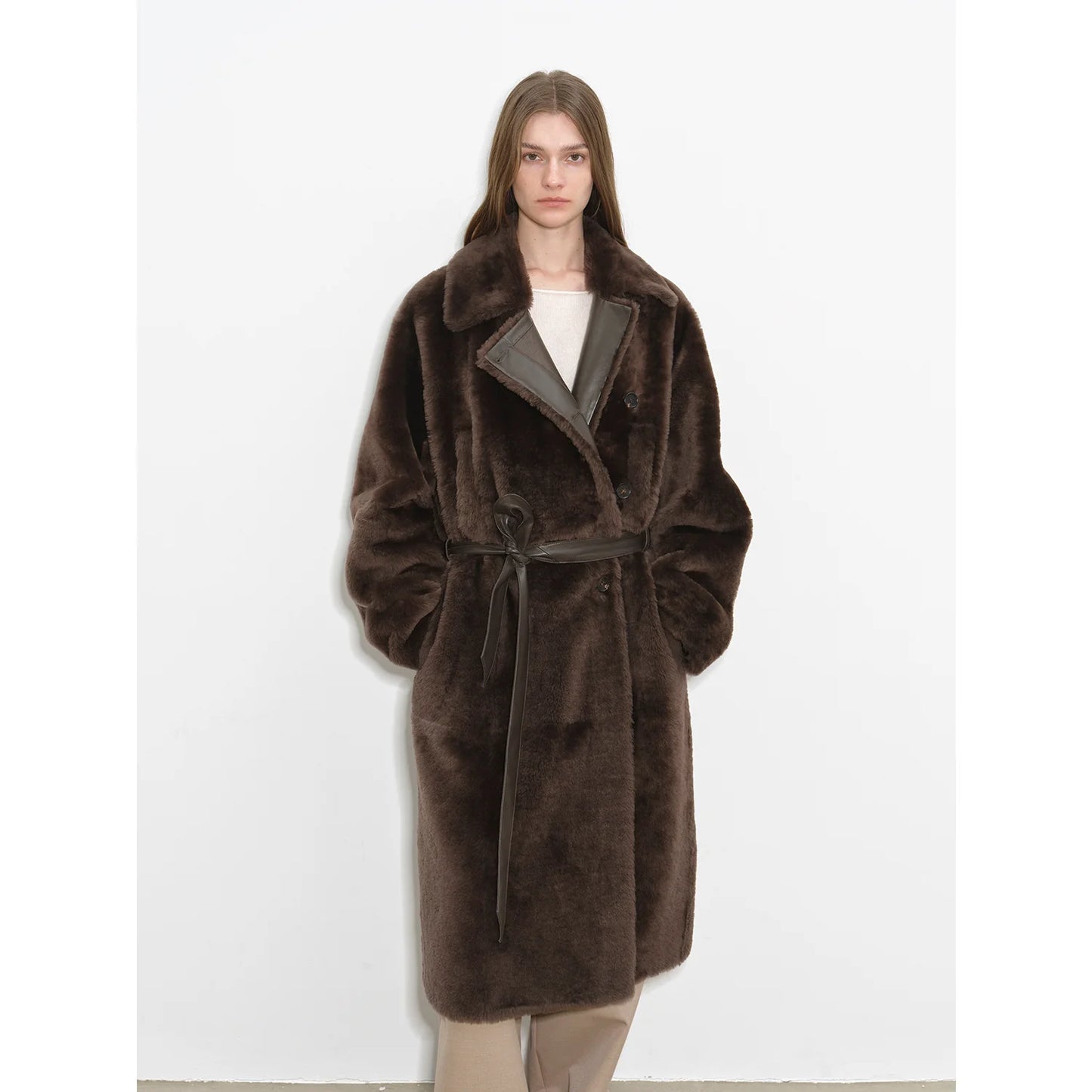 "Mocha Phantom" Merino Wool Dropped Shoulder Long Asymmetric Placket Sheepskin Coat