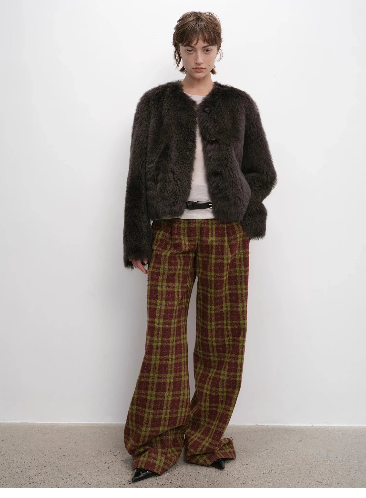 "Darcy Manor" Imported Tuscan Straight Wool Sheepskin Sweetheart Collar Short Fur Coat