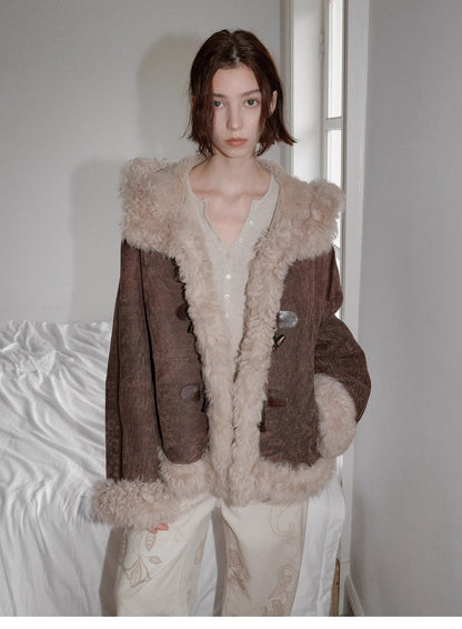 "Modern Weekend" Drop Shoulder Hooded Merino Wool Sheepskin Fur Coat Winter