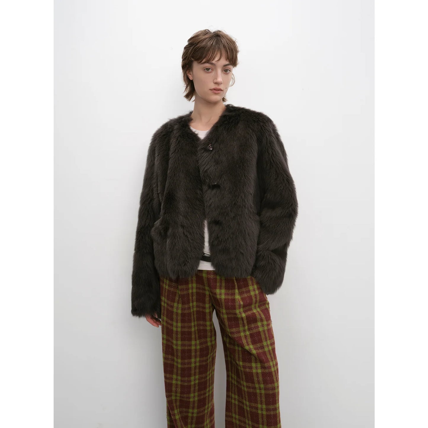 "Darcy Manor" Imported Tuscan Straight Wool Sheepskin Sweetheart Collar Short Fur Coat