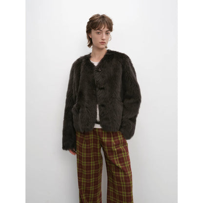 "Darcy Manor" Imported Tuscan Straight Wool Sheepskin Sweetheart Collar Short Fur Coat