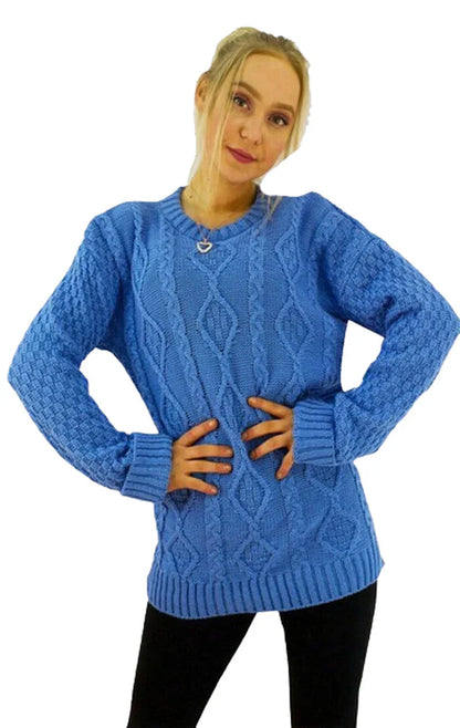 Women Long Sleeve Chunky Cable Knitted Crew Neck Winter Sweater Jumper Top